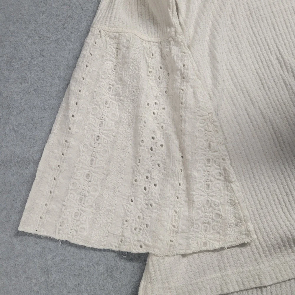 Free People Ivory Thermal Waffle Knit Bell Sleeve Eyelet Lace Top Size XS‎